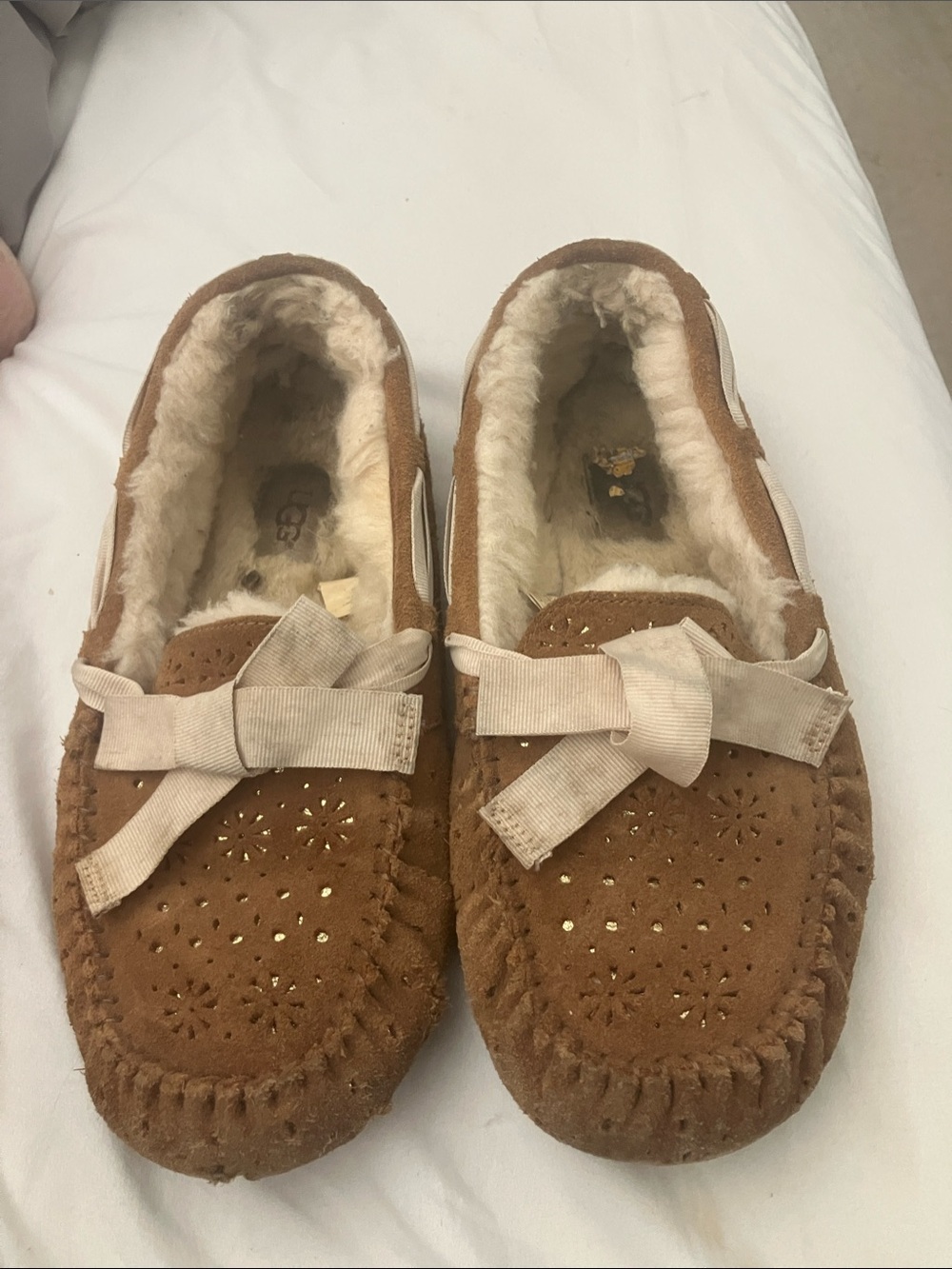 UGG Chestnut Suede Moccasin Slippers with Bow